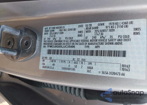 2020 Ford Escape Se from USA, damaged, VIN 1FMCU0G65LUC35496